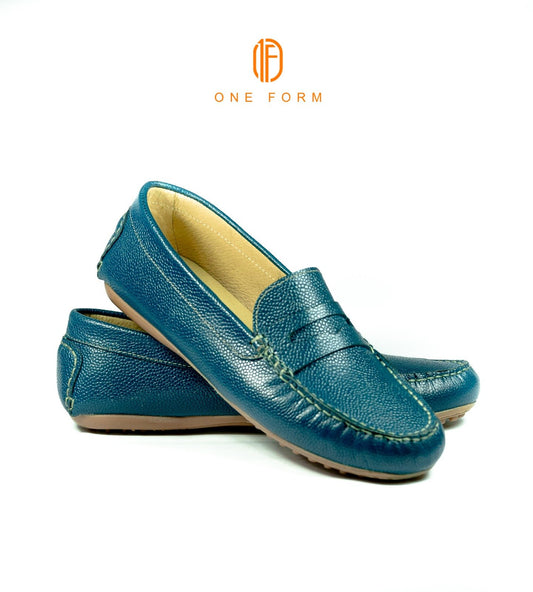 Mocassin Chic en Cuir Grainé Bleu Pétrole